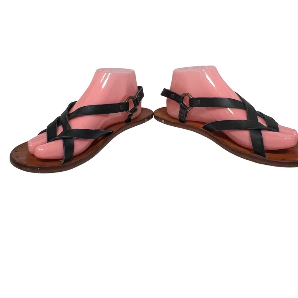 Beek Leather Strappy Sandals Black Tan Gladiator Flat Buckle Ankle Strap 9 - Picture 5 of 11